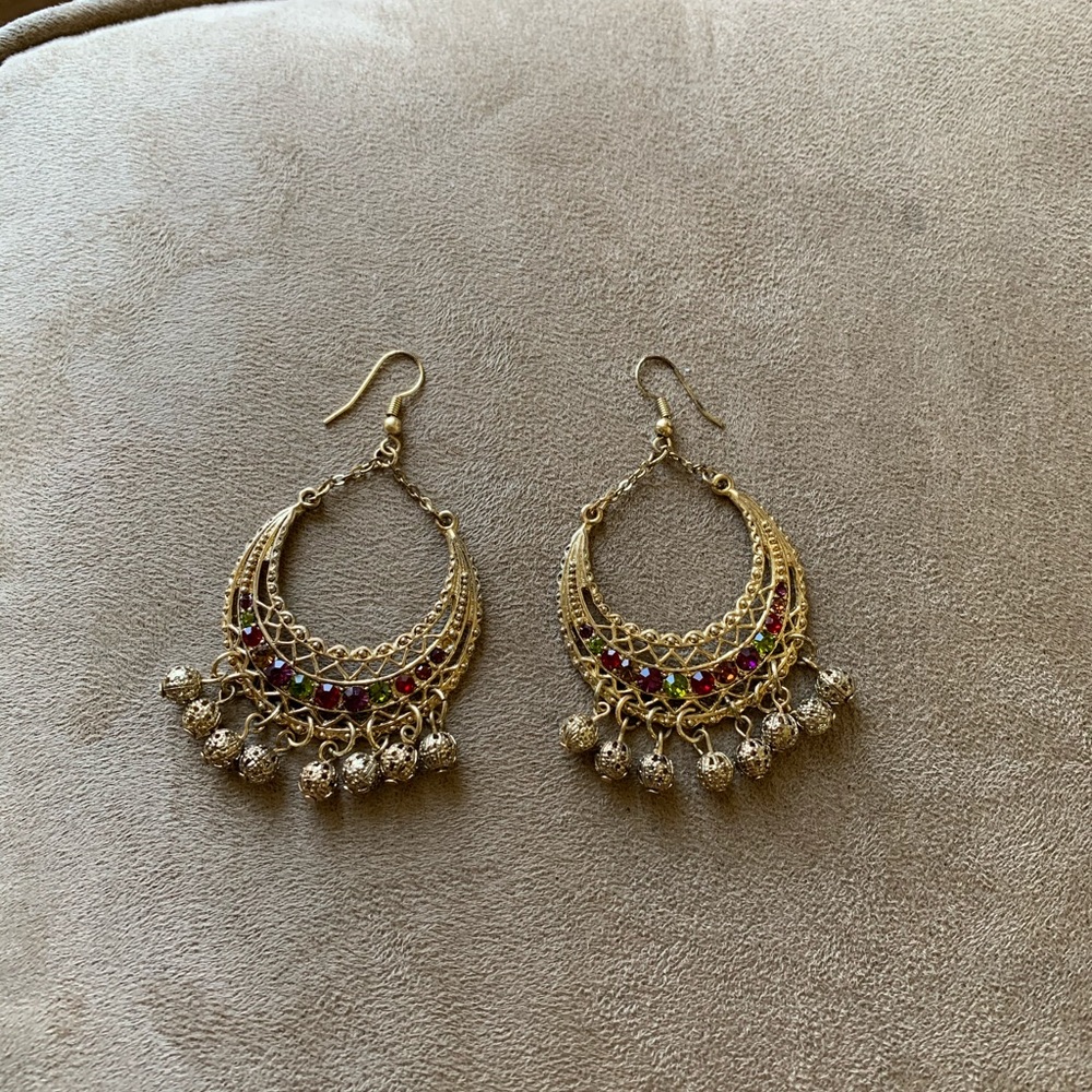 Gold drop earrings with green, red and purple gems